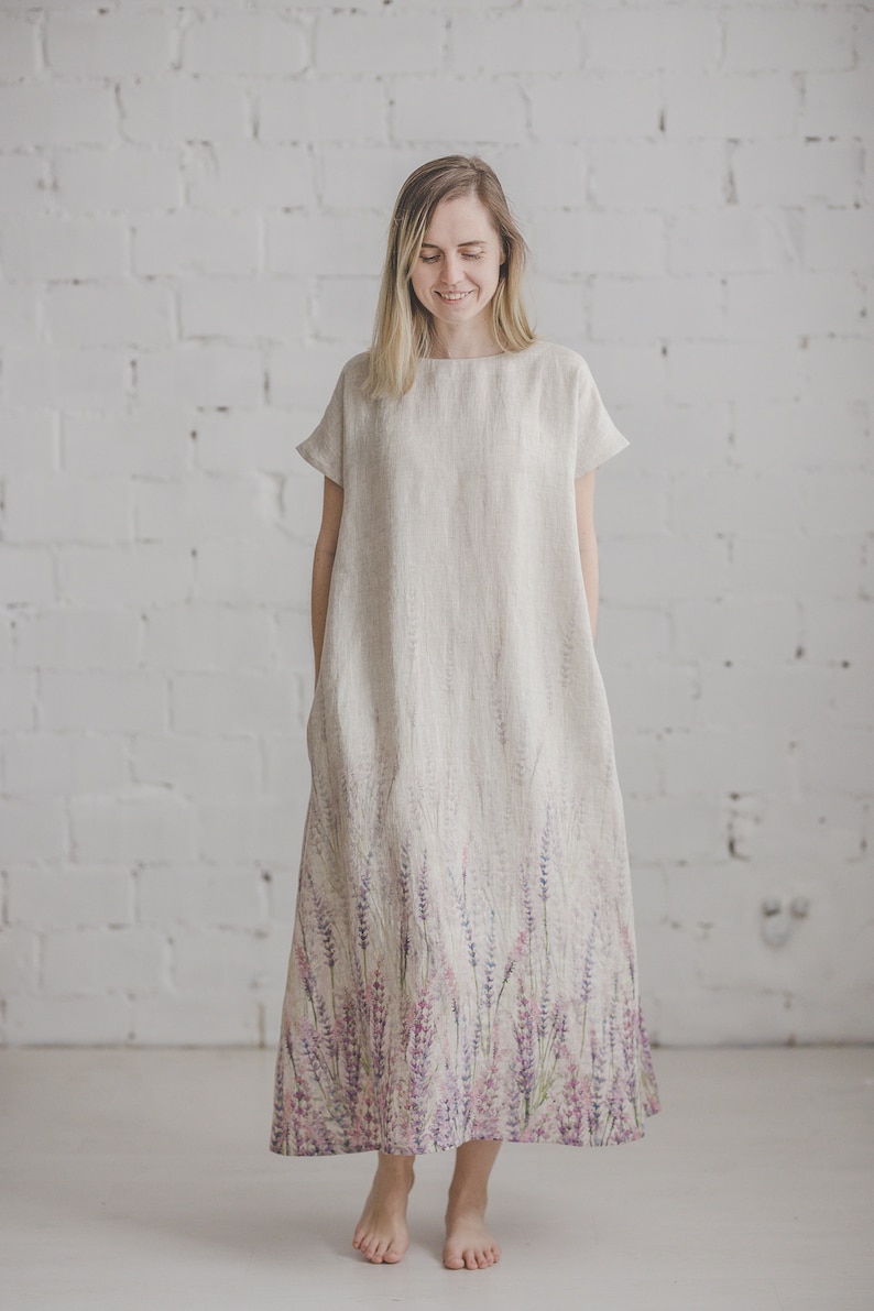 Natural linen dress with meadow print, Floral linen maxi dress, Short sleeves summer dress, Romantic long linen dress, Bridesmaid's / PIEVA Lavenders