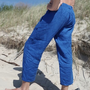 Blue linen cropped wide leg drawstring pants for men and women