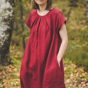 Short sleeves Red linen tunic dress, A-line midi linen dress with pockets, casual loose linen sundress, Short knee length linen dress / RASA image 3