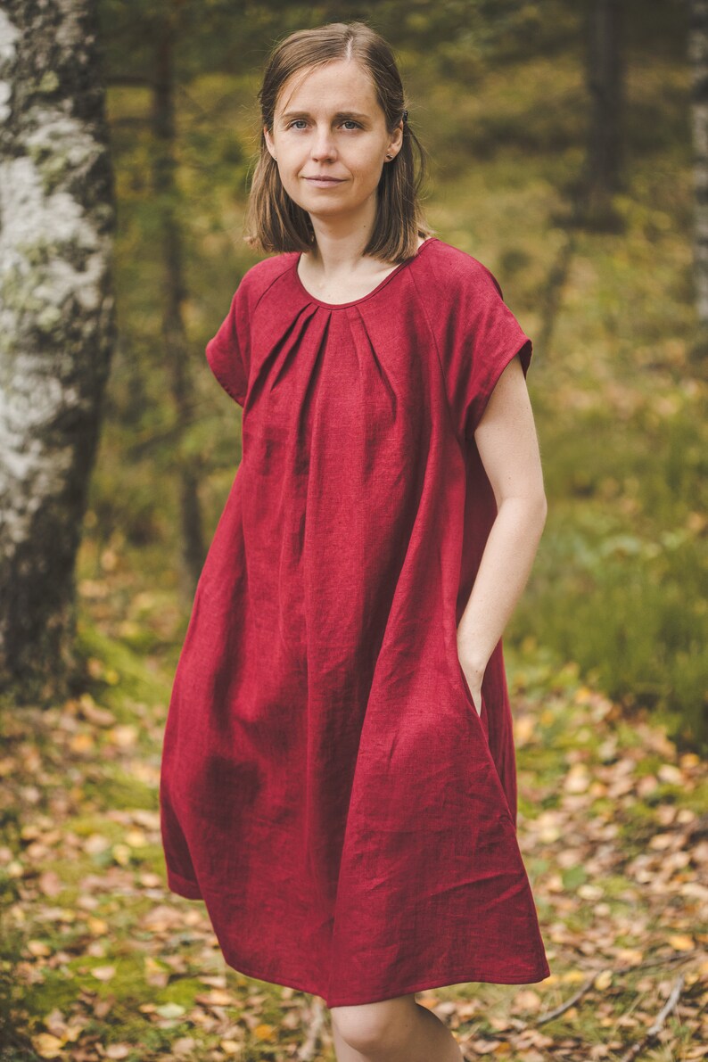 Short sleeves Red linen tunic dress, A-line midi linen dress with pockets, casual loose linen sundress, Short knee length linen dress / RASA image 3