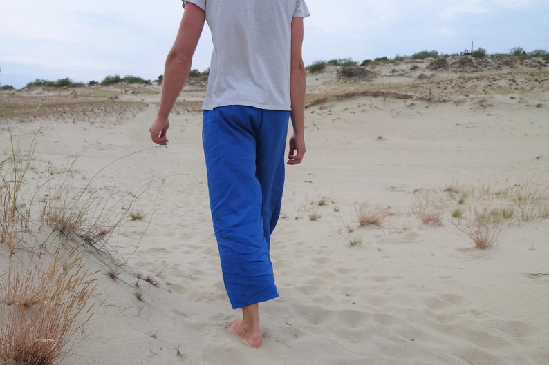 Blue linen cropped wide leg drawstring pants for men and women