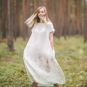 Natural linen dress with meadow print, Floral linen maxi dress, Short sleeves summer dress, Romantic long linen dress, Bridesmaid's / PIEVA Green forest