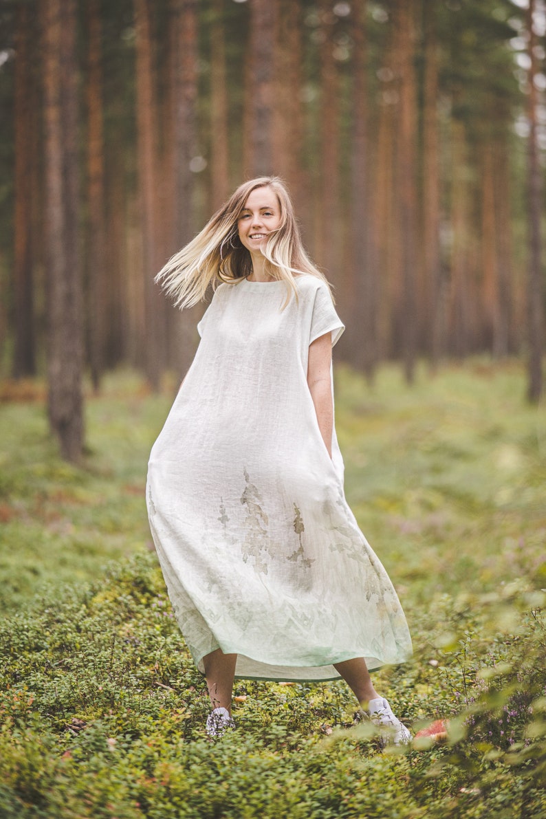 Natural linen dress with meadow print, Floral linen maxi dress, Short sleeves summer dress, Romantic long linen dress, Bridesmaid's / PIEVA Green forest