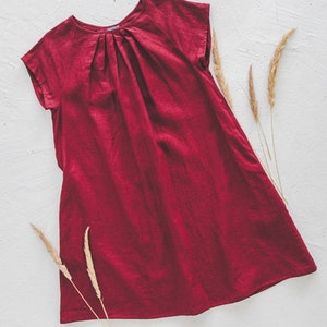 Short sleeves Red linen tunic dress, A-line midi linen dress with pockets, casual loose linen sundress, Short knee length linen dress / RASA image 5