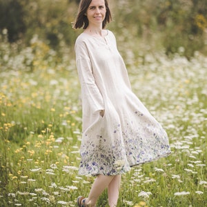 Oversized linen midi dress with floral print, Long sleeves flowy floral linen dress with pockets, Modest casual loose natural linen dress