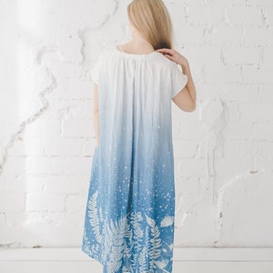 Long 100% linen summer dress with pockets and ombre fern print