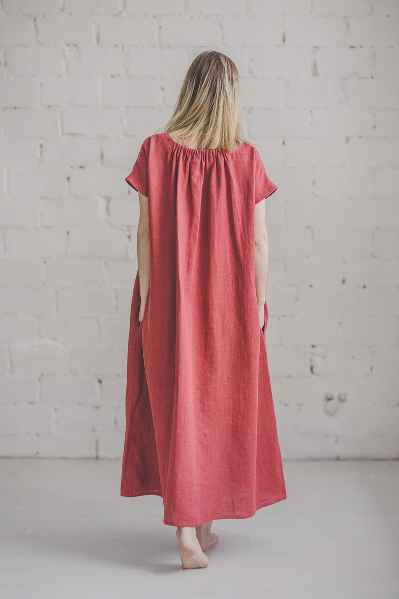 Loose Linen dress, Oversize Maxi linen dress, Short sleeve linen summer dress, Red linen Sundress, Bridesmaid, Romantic linen dress /PIEVA image 6