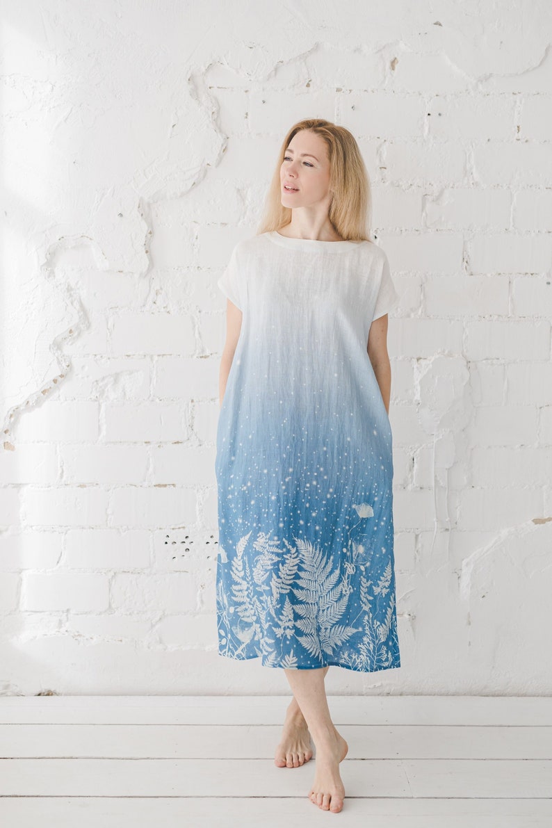 Long 100% linen summer dress with pockets and ombre fern print