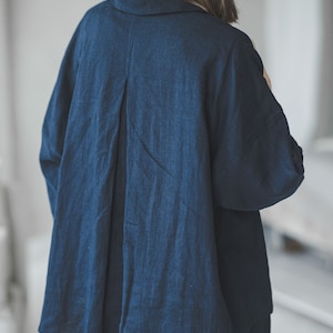 Navy blue loose linen pajama, Loungewear set of pants and 3/4 sleeves top, Plus size linen pyjamas, Cropped oversized button up linen shirt image 6