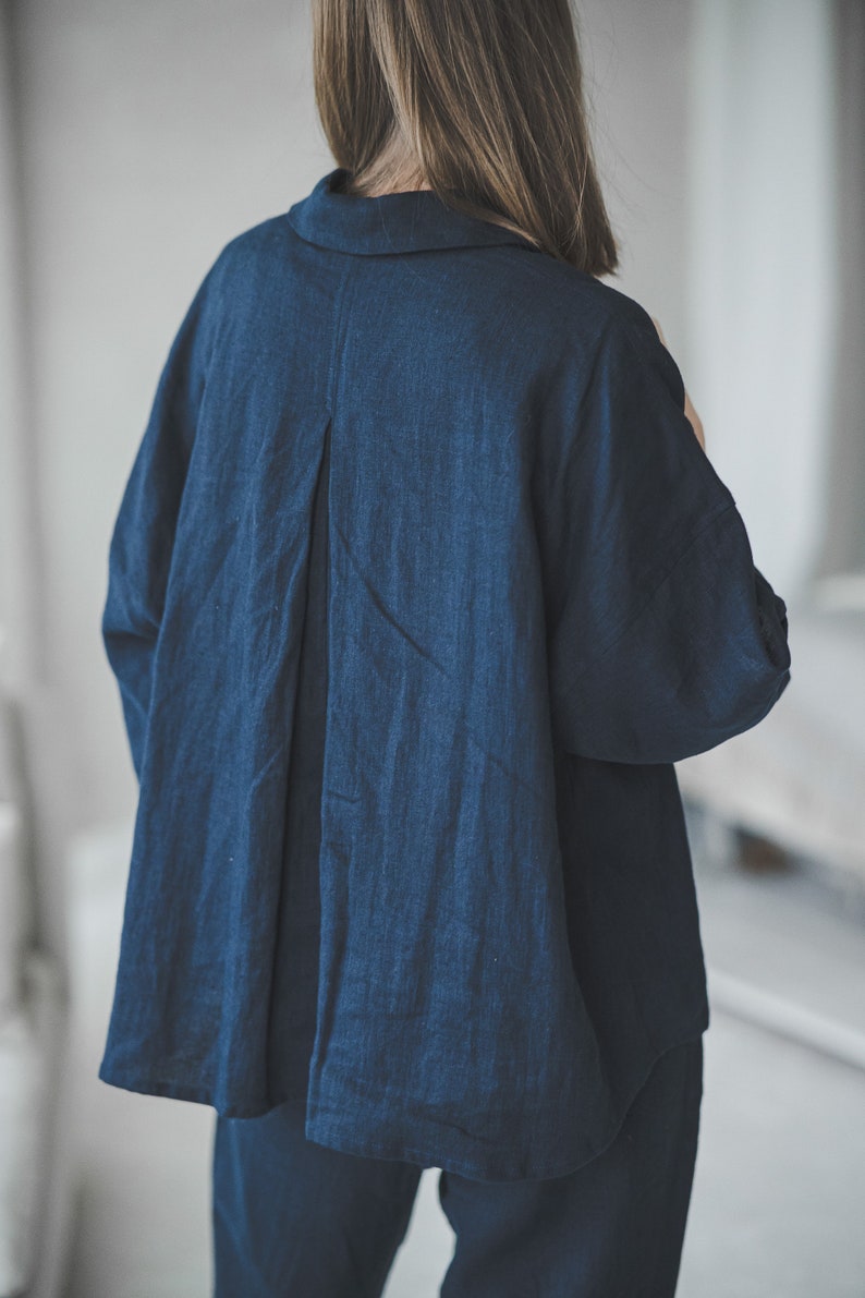 Navy blue loose linen pajama, Loungewear set of pants and 3/4 sleeves top, Plus size linen pyjamas, Cropped oversized button up linen shirt image 6