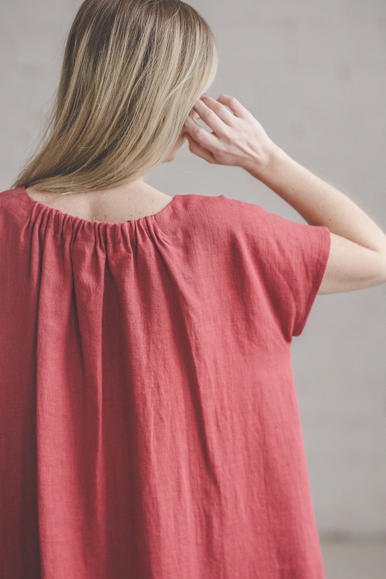 Loose Linen dress, Oversize Maxi linen dress, Short sleeve linen summer dress, Red linen Sundress, Bridesmaid, Romantic linen dress /PIEVA image 7