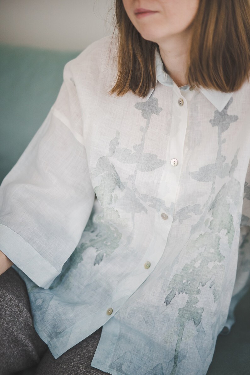 Oversize 3/4 sleeve buttoned linen shirt with Blue Ombre Forest print, Women's plus size linen top, Collared loose linen jacket with buttons image 6