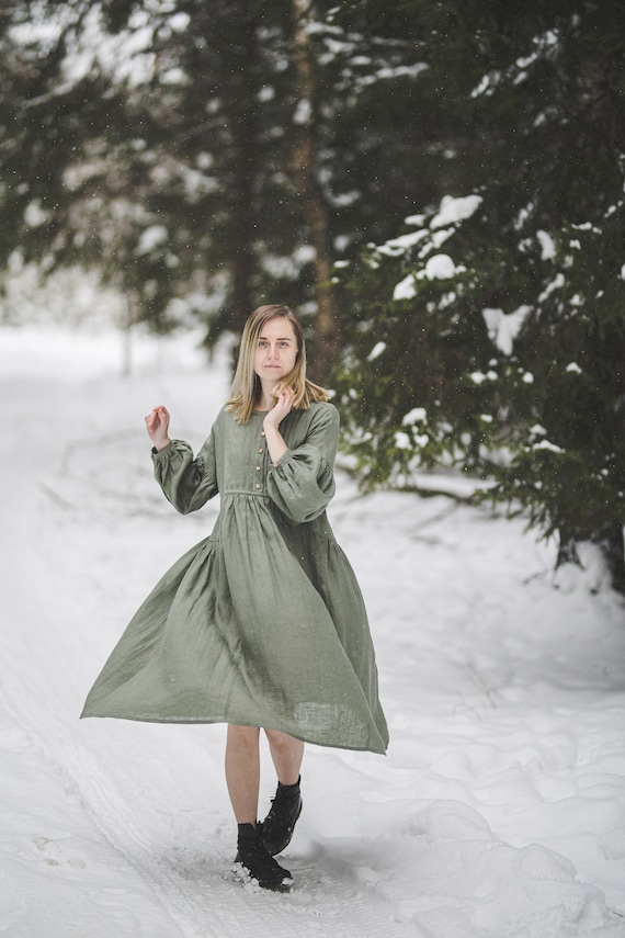 Linen Puffy Blouson Sleeve Ruffle Dress, Olive Green Victorian Linen Dress,  Oversize Cottagecore Aesthetics Dress, Vintage Girdle Dress -  Canada