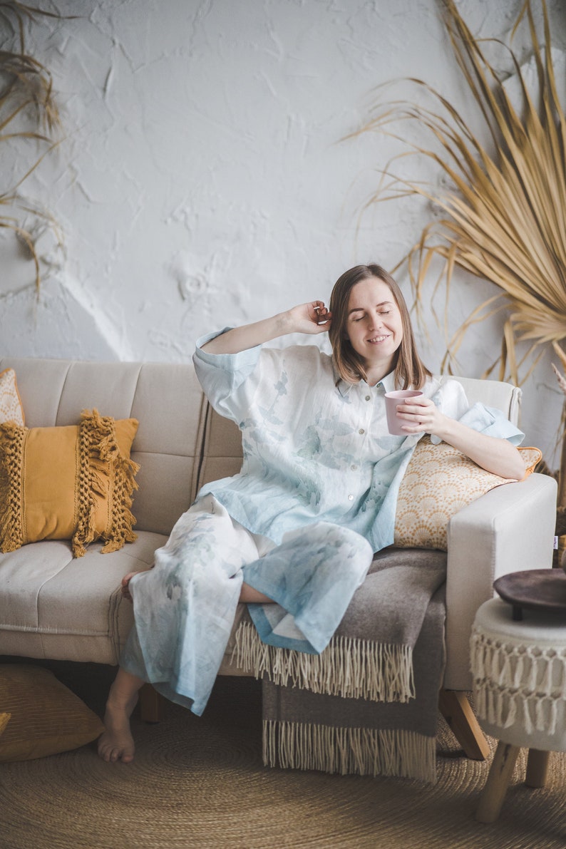 Oversize 3/4 sleeve buttoned linen shirt with Blue Ombre Forest print, Women's plus size linen top, Collared loose linen jacket with buttons image 7