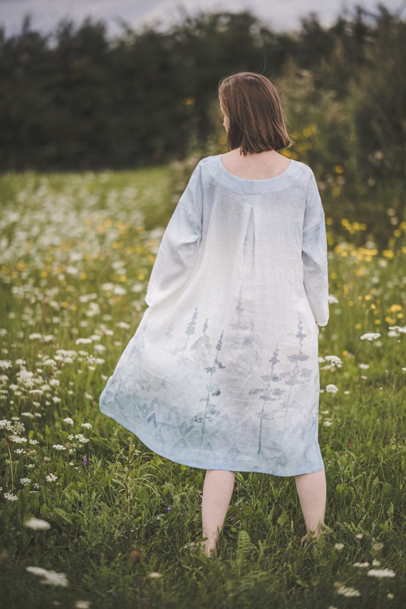 Linen Midi Dress With Ombre Forest Print Long Sleeves Flowy