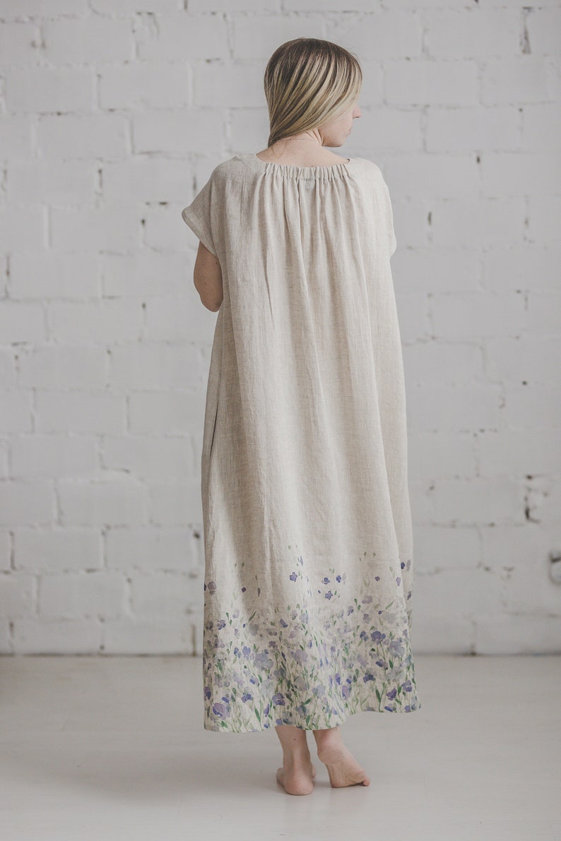 Natural linen dress with meadow print, Floral linen maxi dress, Short sleeves summer dress, Romantic long linen dress, Bridesmaid's / PIEVA image 3