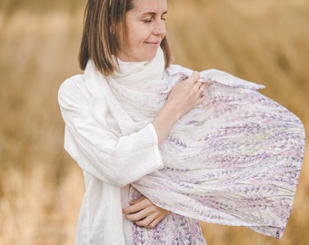 Washed linen scarf with Floral print, Extra light weight and soft linen scarf, Organic white large linen shawl, Soft linen summer wrap