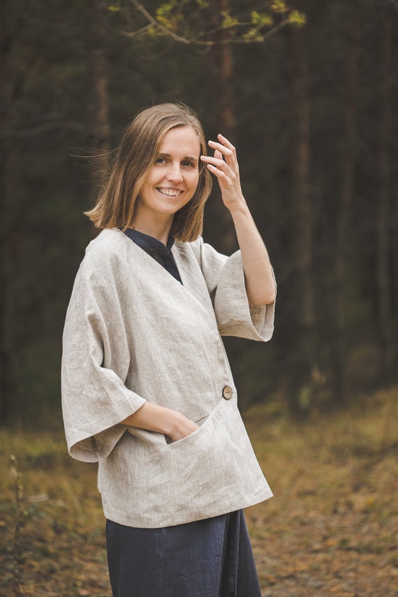 Cropped Women s Natural Linen Jacket Loose Fit Plus Size Kimono Short Linen Cardigan 3 4 Wide Sleeves Linen Blazer With Pockets and Button Etsy