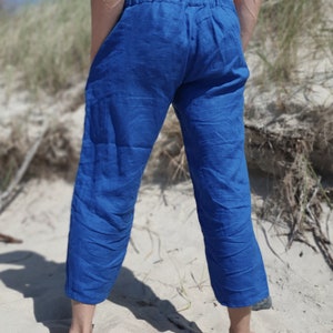 Blue linen cropped wide leg drawstring pants for men and women