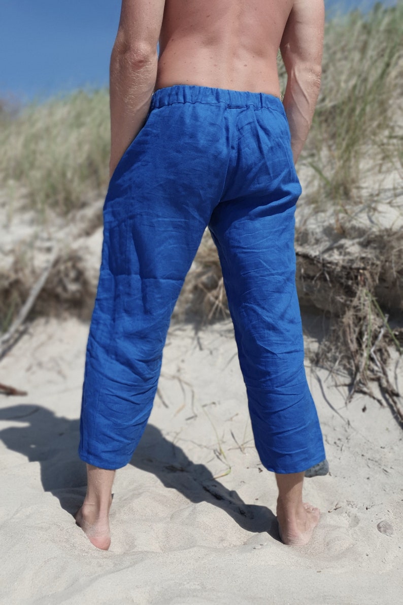 Blue linen cropped wide leg drawstring pants for men and women