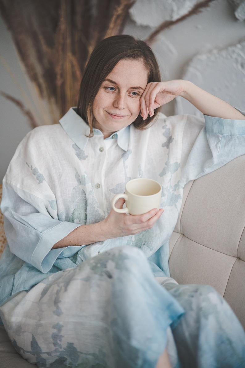 Oversize 3/4 sleeve buttoned linen shirt with Blue Ombre Forest print, Women's plus size linen top, Collared loose linen jacket with buttons image 8