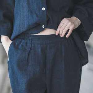 Navy blue loose linen pajama, Loungewear set of pants and 3/4 sleeves top, Plus size linen pyjamas, Cropped oversized button up linen shirt image 8