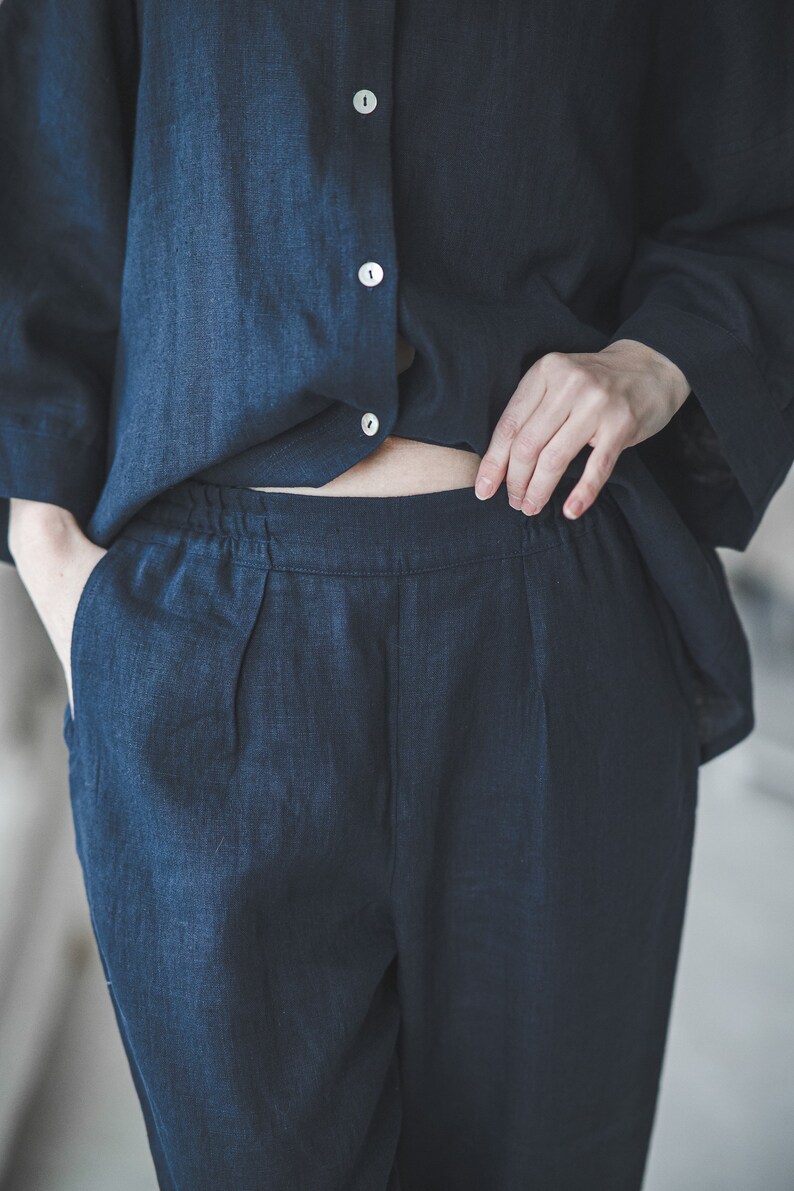 Navy blue loose linen pajama, Loungewear set of pants and 3/4 sleeves top, Plus size linen pyjamas, Cropped oversized button up linen shirt image 8