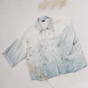 Oversize 3/4 sleeve buttoned linen shirt with Blue Ombre Forest print, Women's plus size linen top, Collared loose linen jacket with buttons image 9