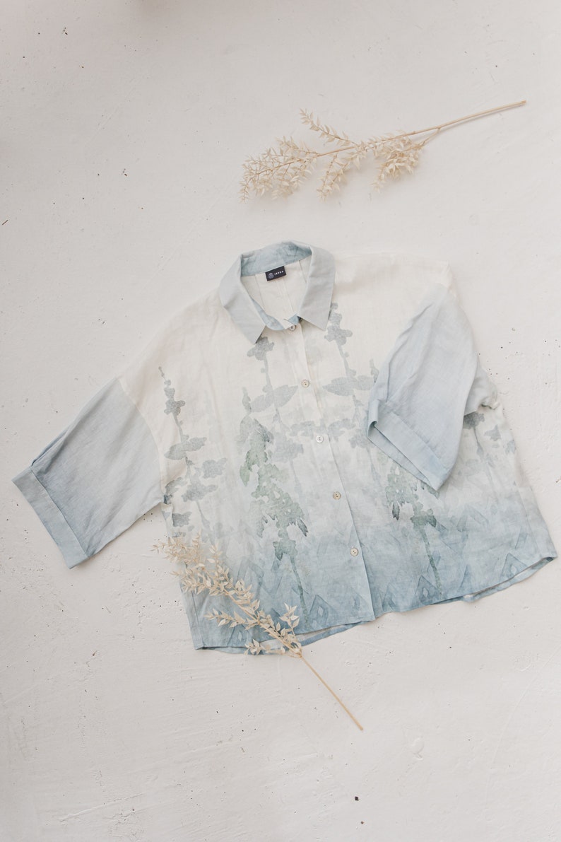 Oversize 3/4 sleeve buttoned linen shirt with Blue Ombre Forest print, Women's plus size linen top, Collared loose linen jacket with buttons image 9