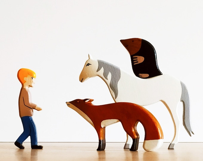 Handmade Wooden Toy Set: Horse, Mole, Fox and Boy Toys