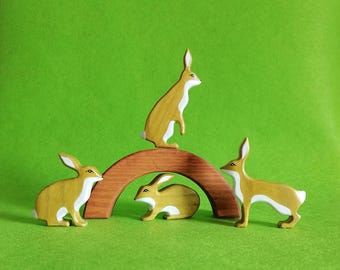 木製ウサギファミリーおもちゃセット：手作りのブナ材製ウォルドルフ玩具