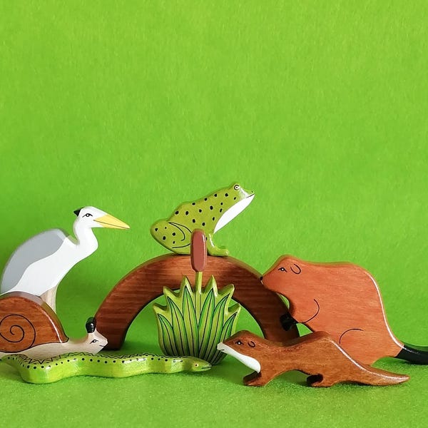 Handmade Wooden River Animal Toy Set: Montessori Educational Toys