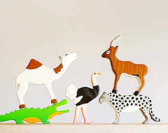 Handgemaakte houten Afrikaanse dierenspeelgoedset: Waldorf educatief speelgoed