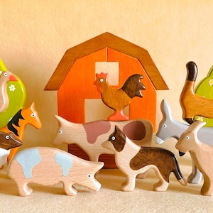 Conjunto grande de brinquedos de animais de fazenda feitos à mão em madeira: 10 figuras + quebra-cabeças de celeiro e árvores