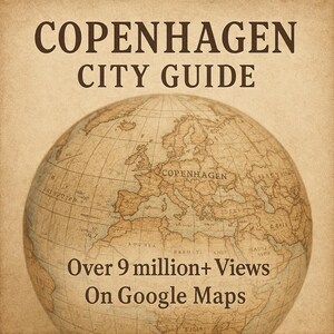 May include: A vintage-style travel guide cover for Copenhagen. The title "COPENHAGEN CITY GUIDE" is displayed above a detailed globe illustration. The text "Over 9 million+ Views On Google Maps" is featured below the globe, suggesting a popular resource.