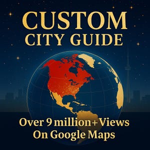 Puede incluir: Gráfico digital que promociona una guía de ciudad personalizada. La imagen presenta un globo terráqueo con América del Norte resaltada en rojo y dorado. El texto en la parte superior dice "CUSTOM CITY GUIDE" y en la inferior, "Over 9 million+ Views On Google Maps."