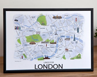 Impresión de mapa de Londres con jerga cockney rimada: regalo ilustrado divertido