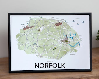 Lámina artística del mapa de Norfolk / Regalo ilustrado con nombres de lugares del Reino Unido