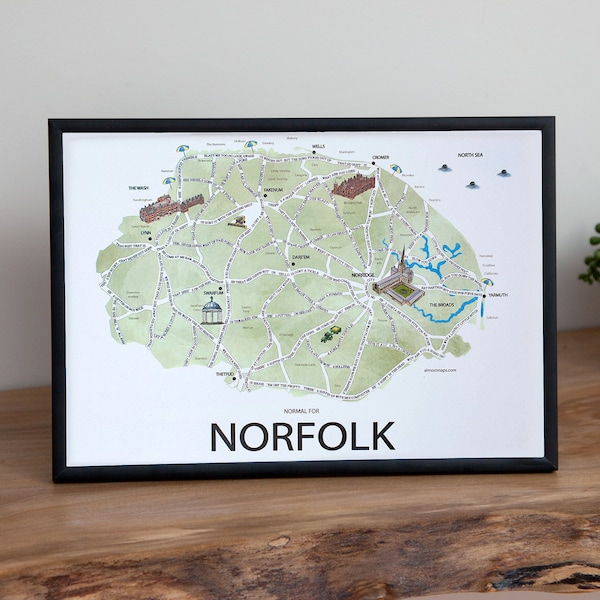 Norfolk Map of Funny Sayings | Norfolk gift map | Illustrated map Norfolk | Norfolk gift | Art gift | Illustrated Framed A4, A3