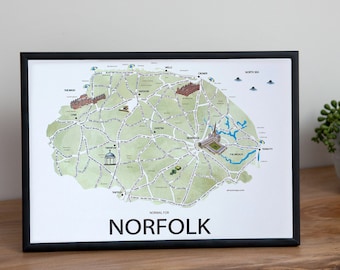 Impresión ilustrada del mapa de Norfolk: Regalo artístico con refranes de Norfolk