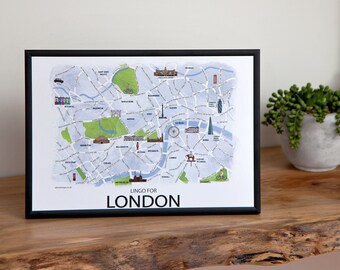 Impresión cómica de un mapa de Londres: refranes cockney, monumentos londinenses ilustrados