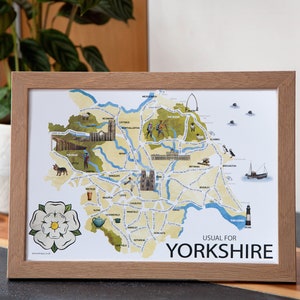 Yorkshire illustrated art gift map with funny hand-drawn phrases and sayings. Features White Rose and comical cartoon artwork of Yorkshire culture. Covers Leeds, York, Middlesborough, Harrogate, Keighley Halifax, Ripon, Skipton, Bradford and Hull