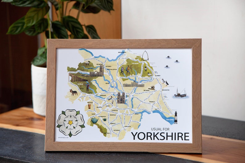 Yorkshire illustrated art gift map with funny hand-drawn phrases and sayings. Features White Rose and comical cartoon artwork of Yorkshire culture. Covers Leeds, York, Middlesborough, Harrogate, Keighley Halifax, Ripon, Skipton, Bradford and Hull