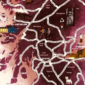 May include: A watercolor map of Scotland with a purple background and white lines. The map features various cities and towns throughout Scotland, including Inverness, Fort William, Dundee, and St. Andrews. The map also includes various phrases and sayings in Scottish dialect.