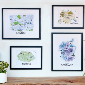 London, Yorkshire, Norfolk, Scotland illustrated gift maps with hundreds of funny local sayings. Wall prints available framed up to poster size. Based on original hand drawn art.