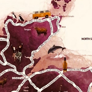 May include: A watercolor illustration of a map of Scotland with various landmarks and phrases written on it. The map is in shades of purple and pink with white text. The map includes the cities of Inverness, Wick, John O'Groats, and Ben Nevis. The map also includes the islands of Orkney and Shetland.