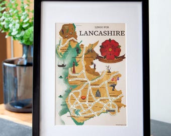 Mapa con dialecto de Lancashire impreso – Dichos graciosos del norte de Inglaterra, regalo del Reino Unido