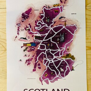 May include: A watercolor map of Scotland with purple and pink hues. The map shows the major cities and towns, including Edinburgh, Glasgow, and Inverness. The map also includes some of the iconic landmarks of Scotland, such as Loch Ness, the Cairngorms, and the Isle of Skye.
