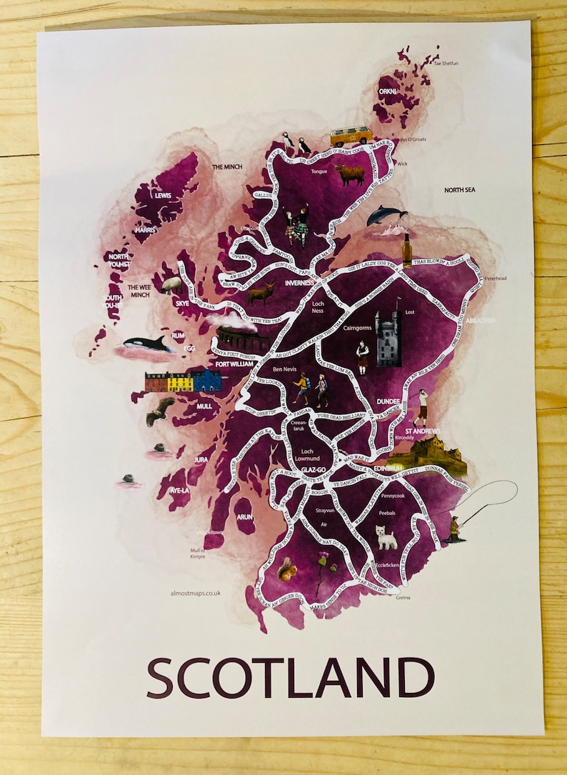 May include: A watercolor map of Scotland with purple and pink hues. The map shows the major cities and towns, including Edinburgh, Glasgow, and Inverness. The map also includes some of the iconic landmarks of Scotland, such as Loch Ness, the Cairngorms, and the Isle of Skye.
