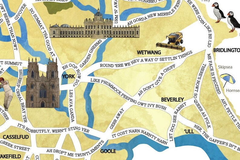 Yorkshire illustrated art gift map with funny hand-drawn phrases and sayings. Features White Rose and comical cartoon artwork of Yorkshire culture. Shows Leeds, York, Middlesborough, Harrogate, Keighley Halifax, Ripon, Skipton, Bradford and Hull